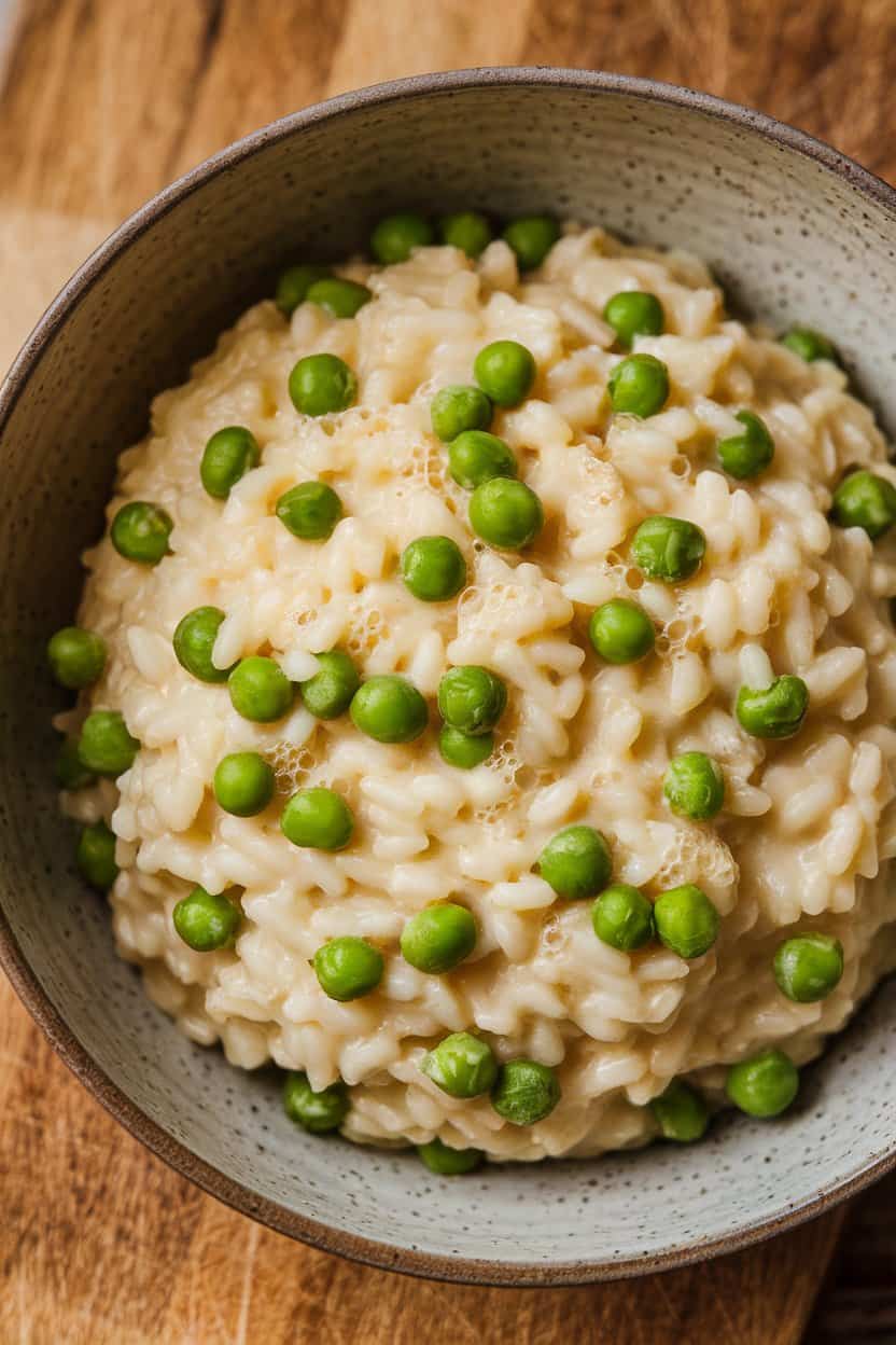 Indoor photo of creamy risotto in a shallow bowl, tiny bubbles visible on the surface, studded with green peas; no text or logos.