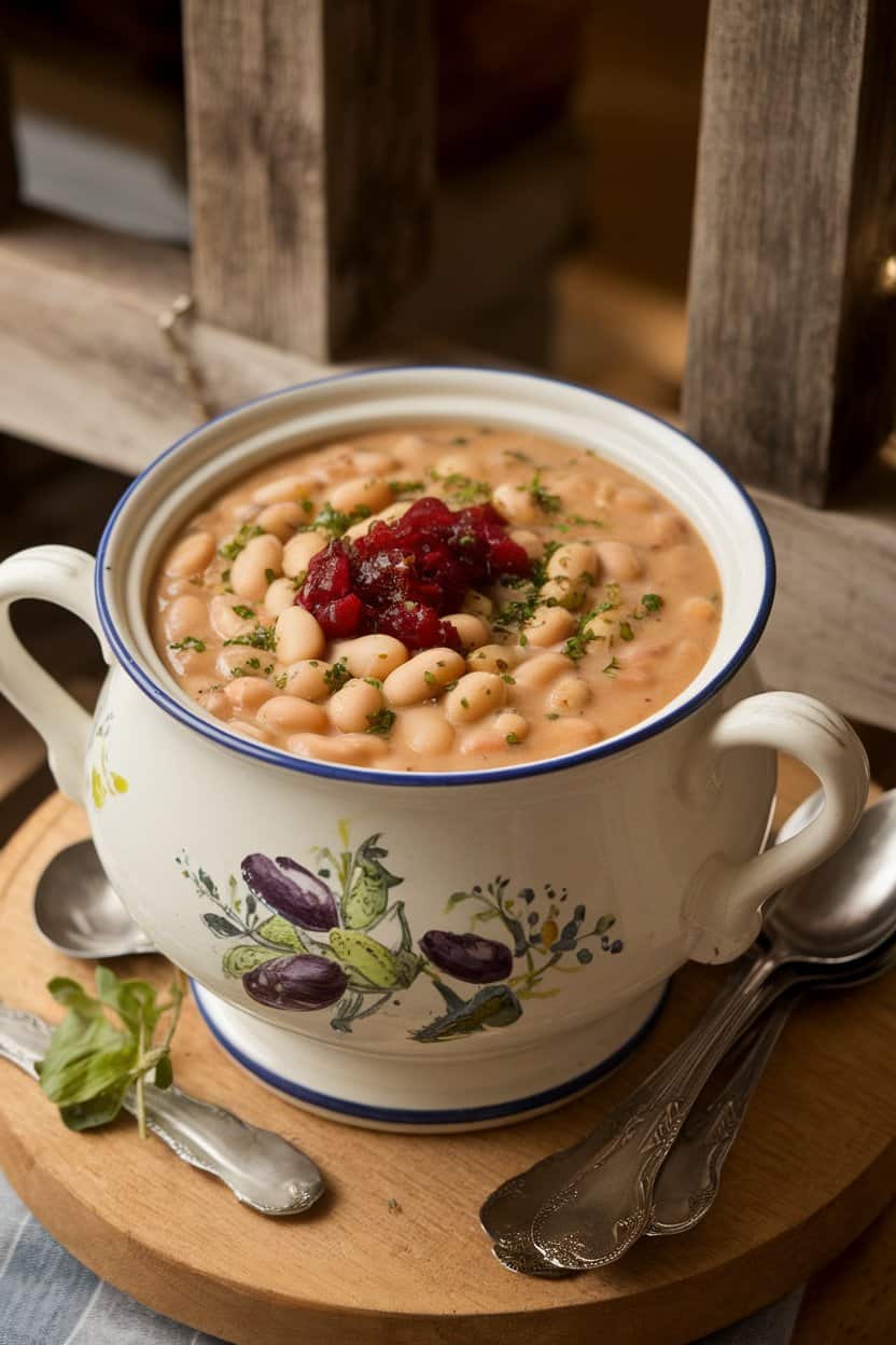 An indoor soup tureen filled with creamy white bean soup garnished with cranberry relish and chopped herbs. No text or logos, photo only.