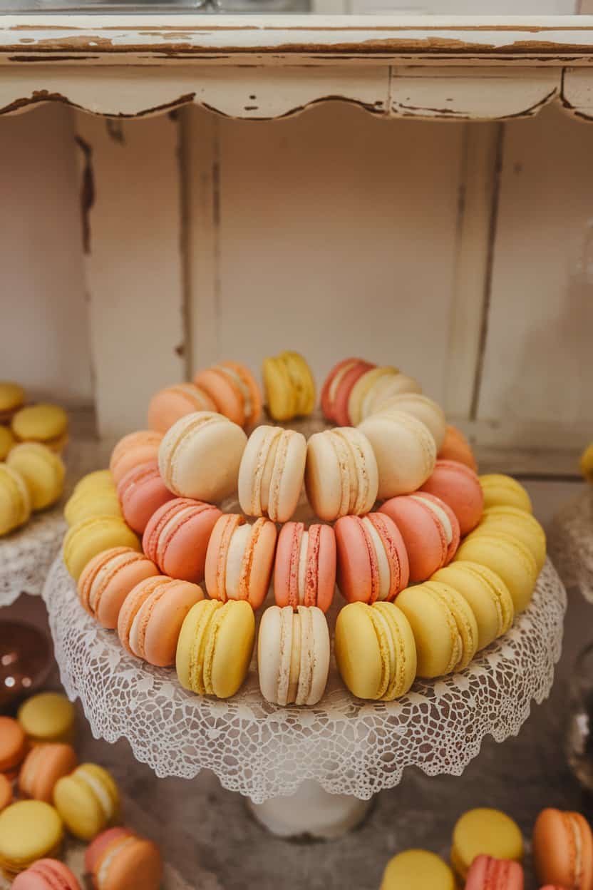 Photo of an indoor pastry display featuring tri-colored French macarons stacked neatly, each shell in white, orange, and yellow layers—no text or logos.