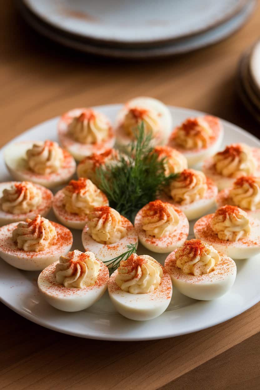 An indoor tabletop featuring a white egg platter holding halved deviled eggs dusted with deep-red smoked paprika, a sprig of dill in the center for garnish. Even lighting, no logos. Photo only.