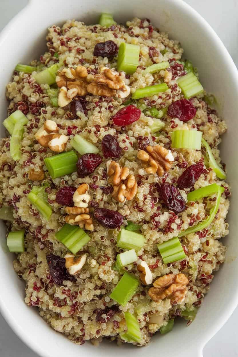 Indoor photo of a colorful quinoa salad studded with dried cranberries, chopped walnuts, and diced celery, served in a white porcelain serving dish. No text or logos.