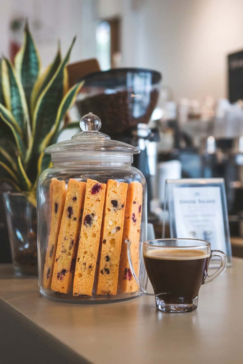 An indoor coffee-shop counter with long slices of orange cranberry biscotti standing upright in a clear jar, a cup of black coffee beside them. No text or logos. Photo.