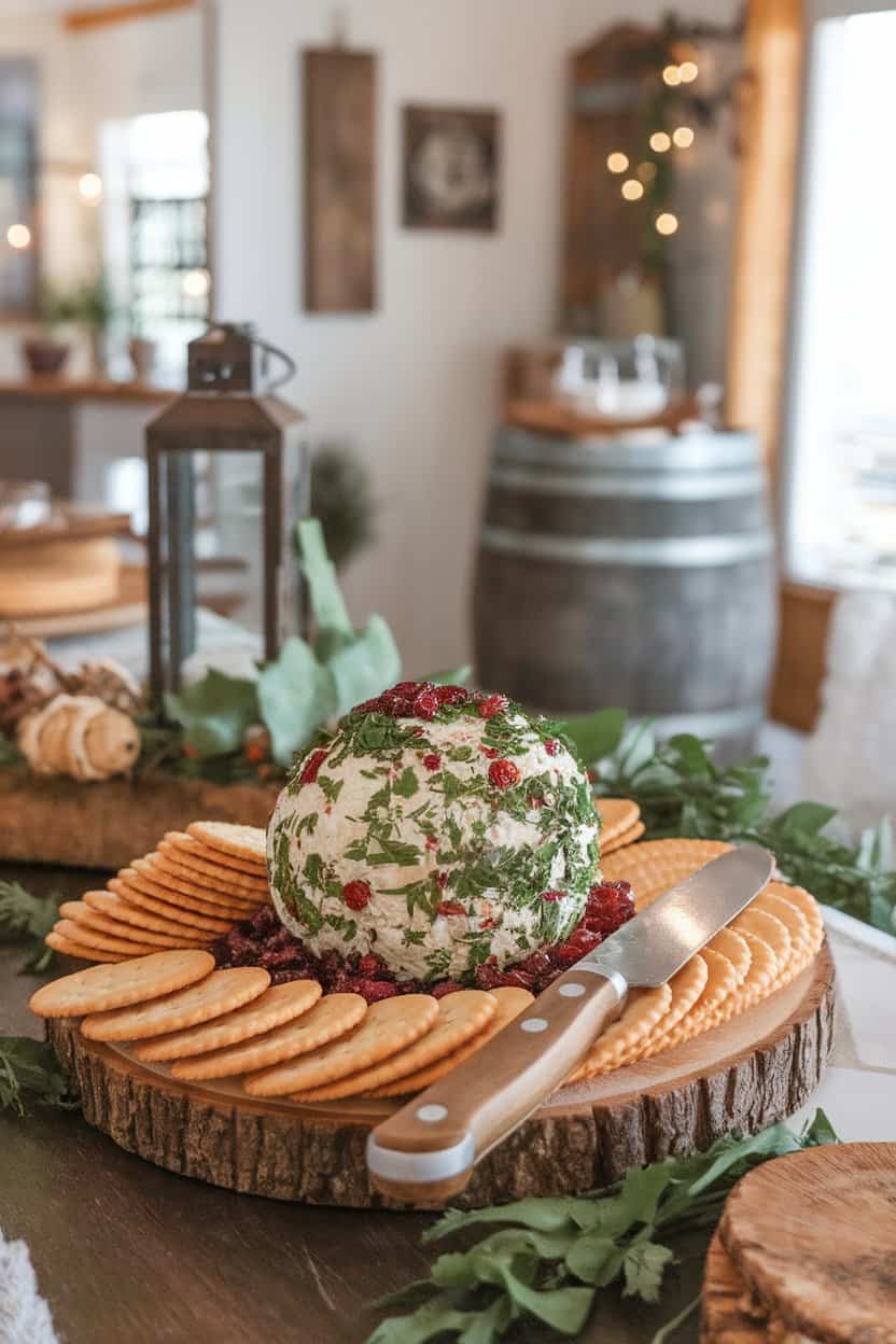Indoor appetizer table with a round cheese ball coated in chopped parsley and cranberries, a cheese knife and crackers arranged around. Cozy lighting, no logos or text. Photo only.
