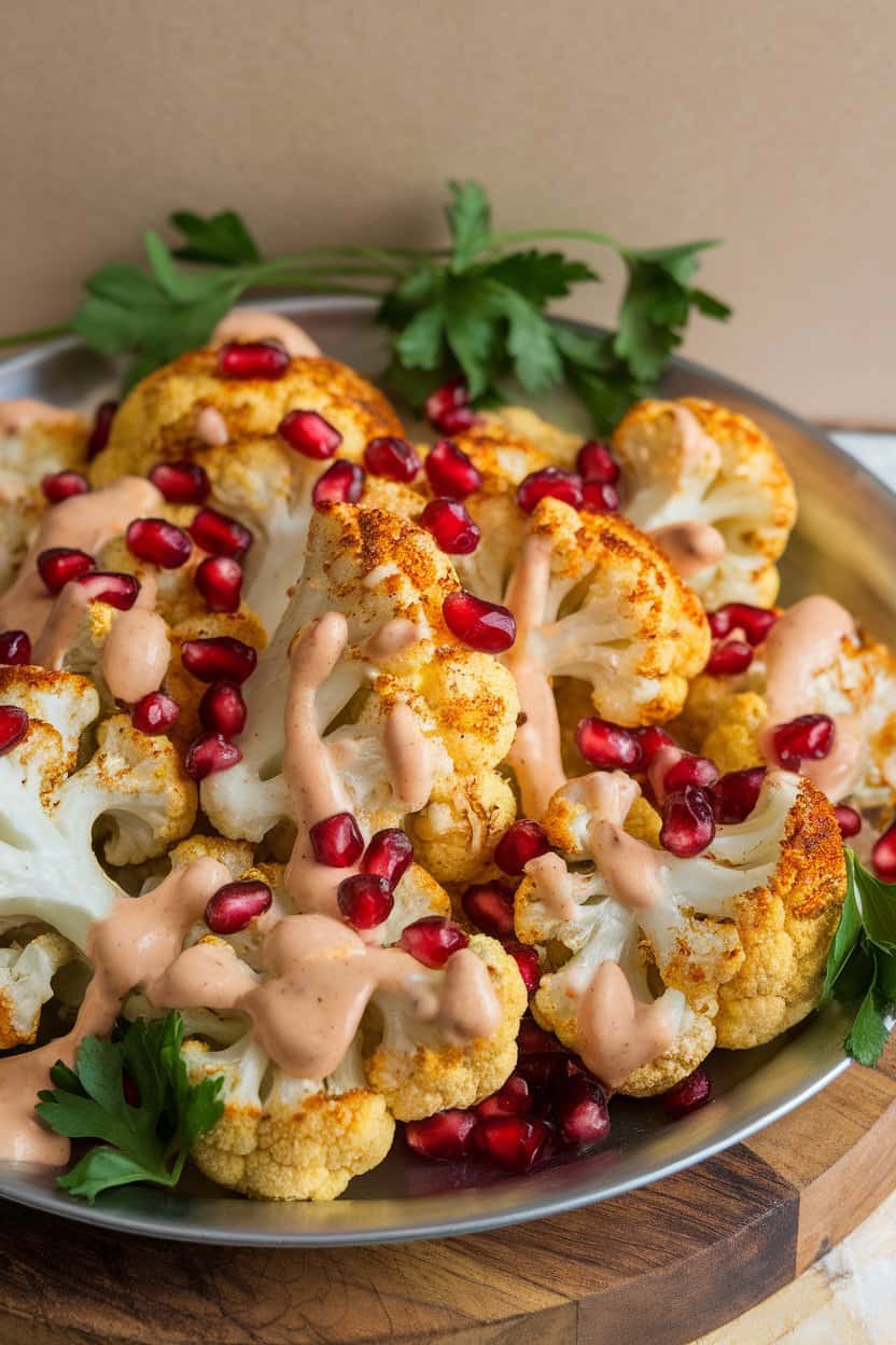 Indoor photo of golden roasted cauliflower florets dotted with pomegranate seeds and drizzled with creamy tahini sauce on a serving platter. No text or logos.