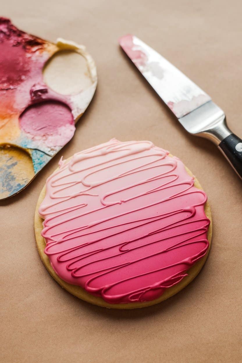 Indoor tabletop with gradient-iced sugar cookies ranging from pale pink to deep rose, artist’s palette knife resting next to them. No text or branding.