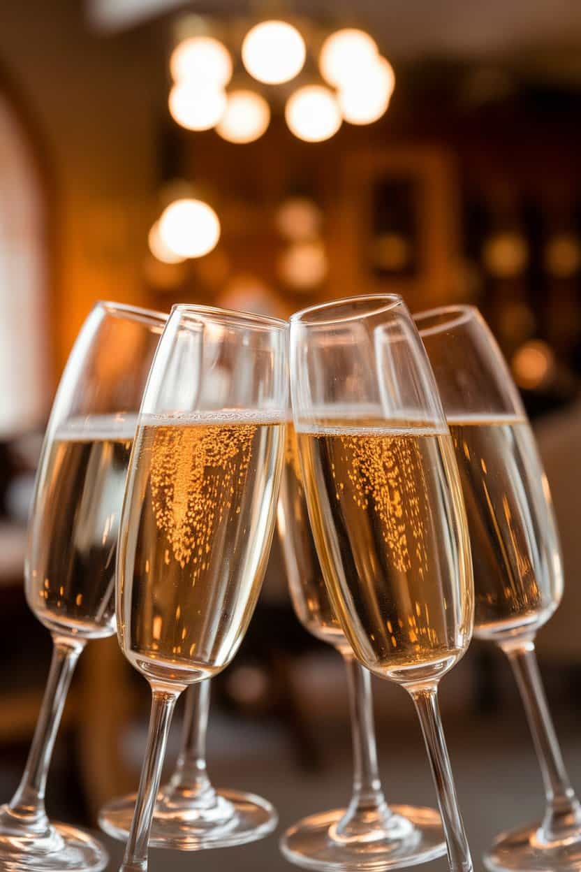 Several indoor champagne flutes clinking together, golden bubbles catching warm ambient light, no text or logos visible. Photo only.