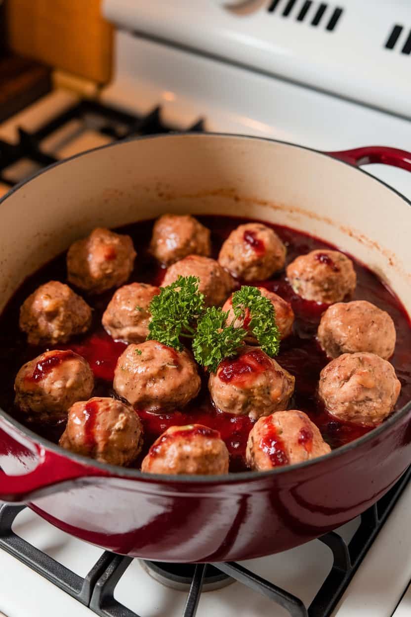A stovetop scene indoors with a Dutch oven of glazed turkey meatballs in cranberry sauce, parsley sprinkled on top. No text or logos, photo only.