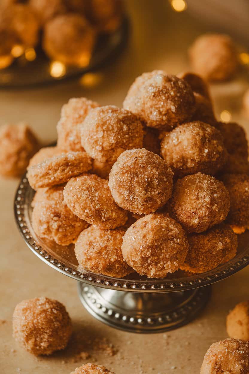 Indoor photo displaying round cookies rolled in coarse sanding sugar, glittering under warm light on a platter. No logos visible.