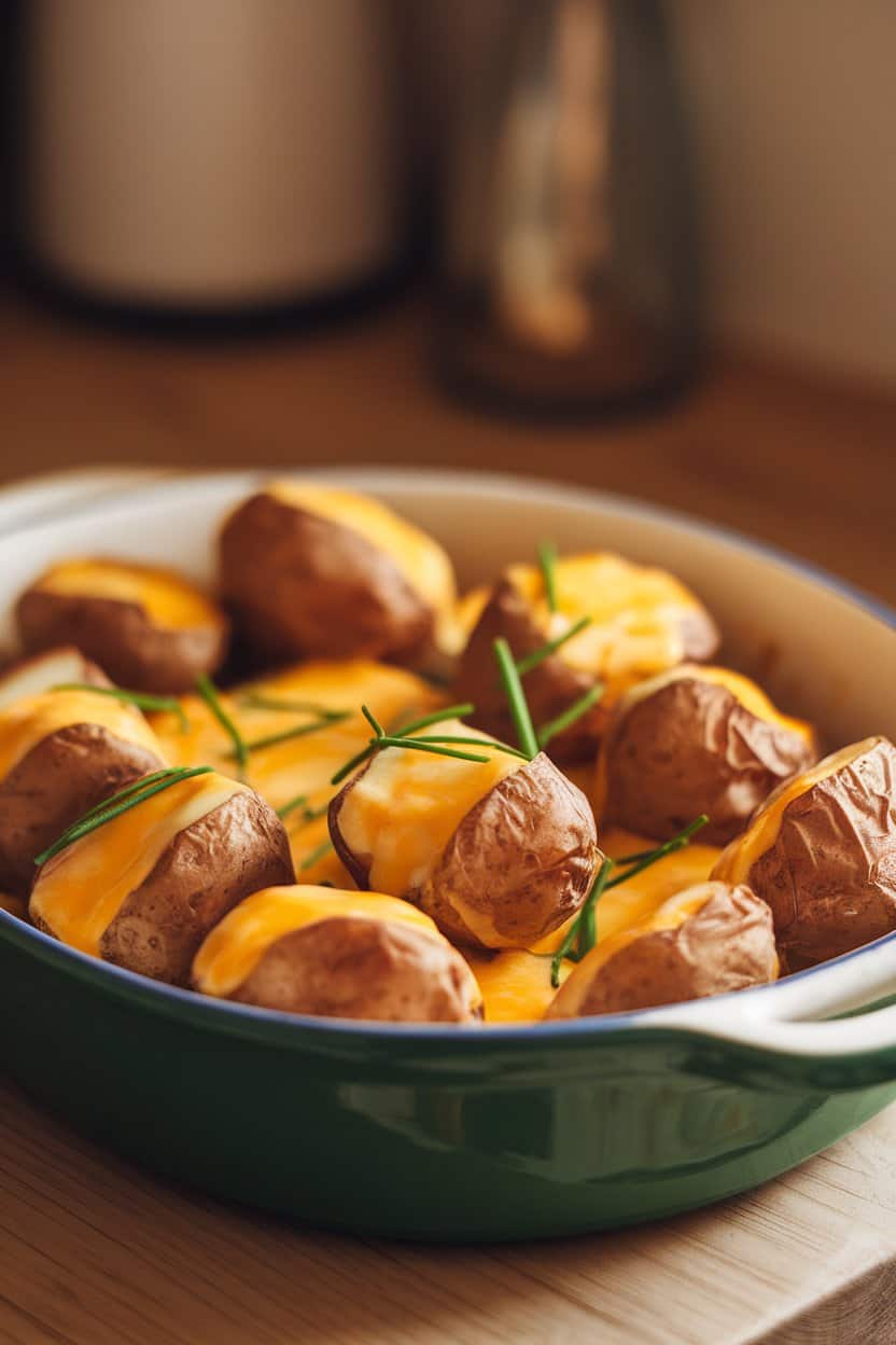 Indoor casserole dish filled with baby potato halves topped with melted cheddar and chives, crispy skins visible. Warm lighting, no text or branding. Photo, not illustration.