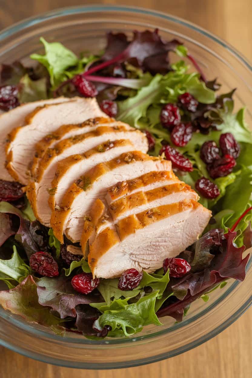 Indoor photo of sliced roasted turkey breast, dried cranberries, and mixed wild greens in a wide salad bowl with light vinaigrette. No text or logos.