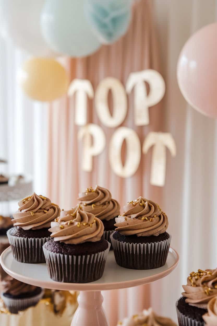 Indoor photo of chocolate cupcakes topped with swirl frosting and edible gold sprinkles, no numbers or text on the decorations; softly lit party backdrop; no logos.