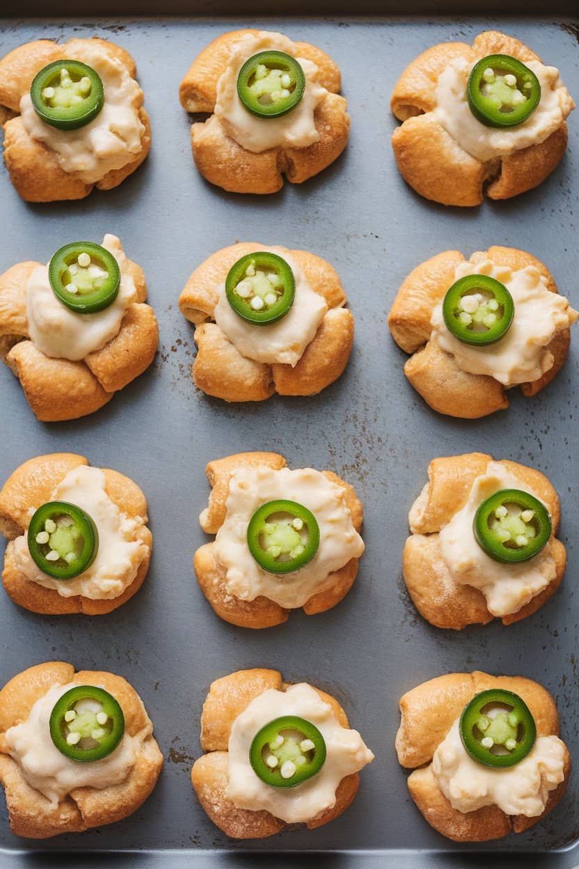Indoor oven rack view of small crescent dough cups filled with creamy jalapeño cheddar mixture, tops bubbling and golden. No text or logos, photo.