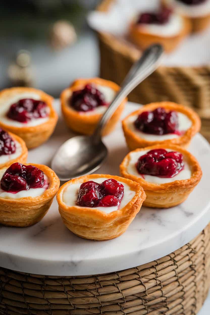 Indoor bakery-style photo of golden puff pastry cups filled with melted brie and ruby cranberry compote on a marble platter; soft diffused light; no text or logos.