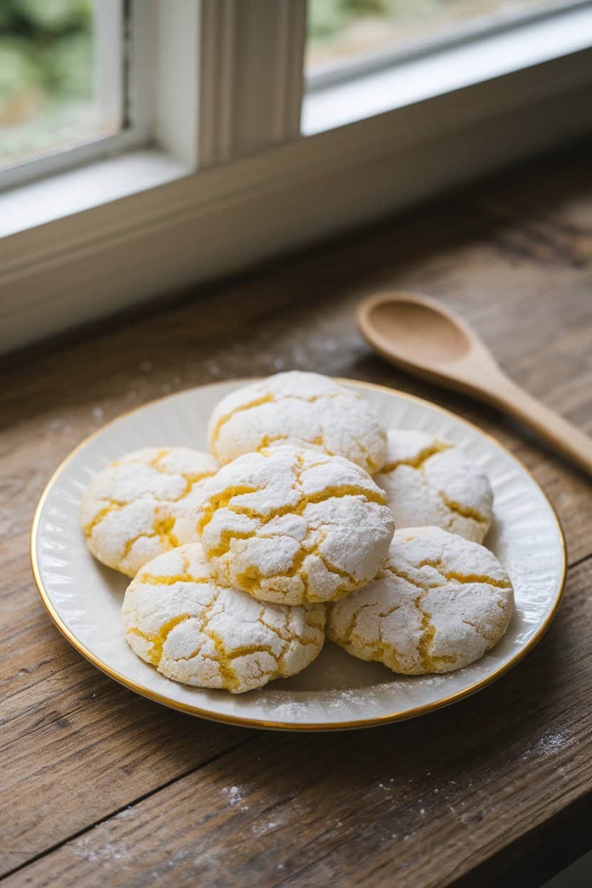 Photo prompt: Indoor table featuring lemon crinkle cookies dusted in powdered sugar, bright yellow hints peeking through, natural window light, no text or logos.