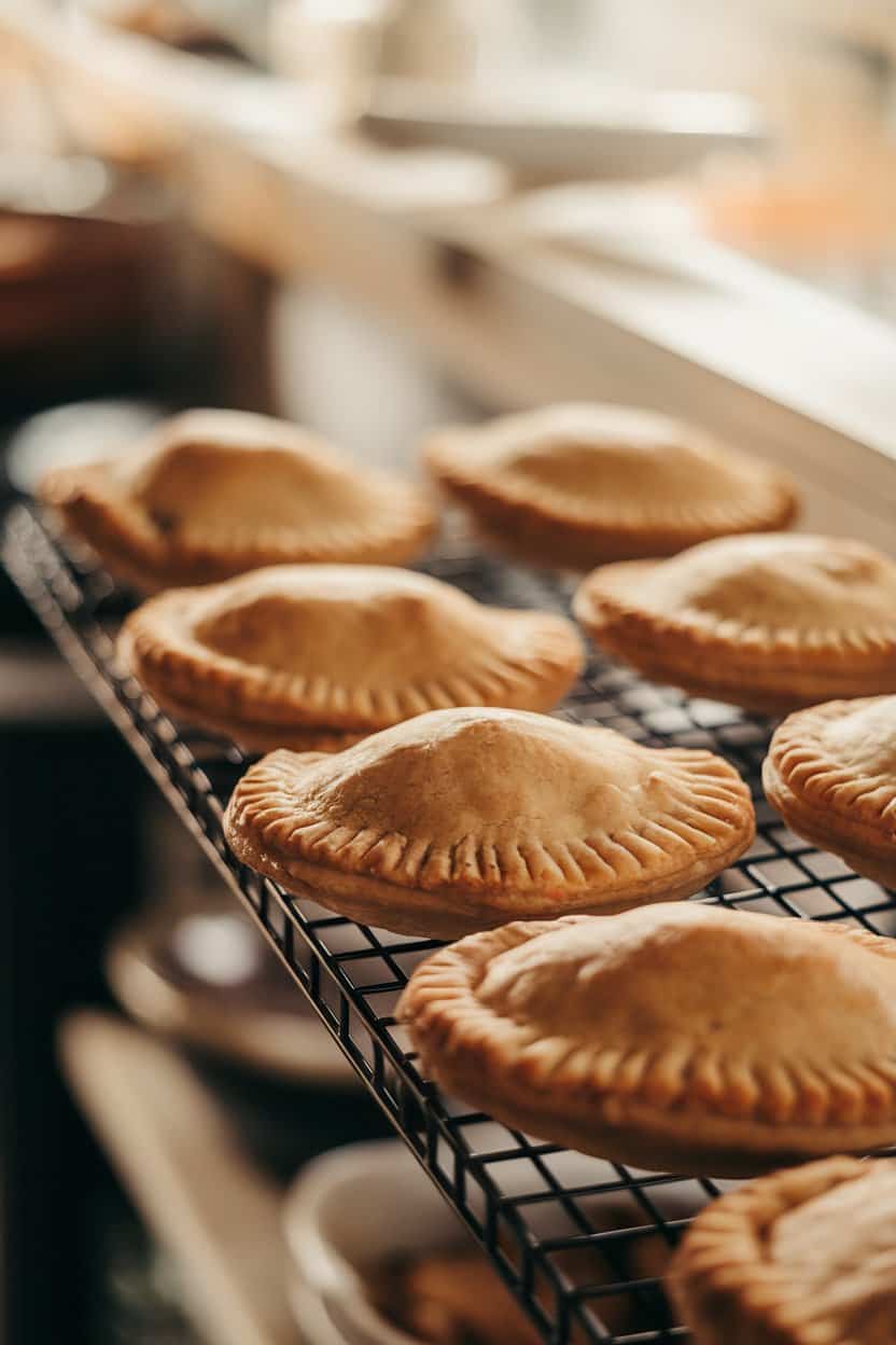 A warmly lit indoor counter with flaky half-moon hand pies, caramel filling oozing slightly from crimped edges, arranged on a wire rack. No text or logos. Photo.