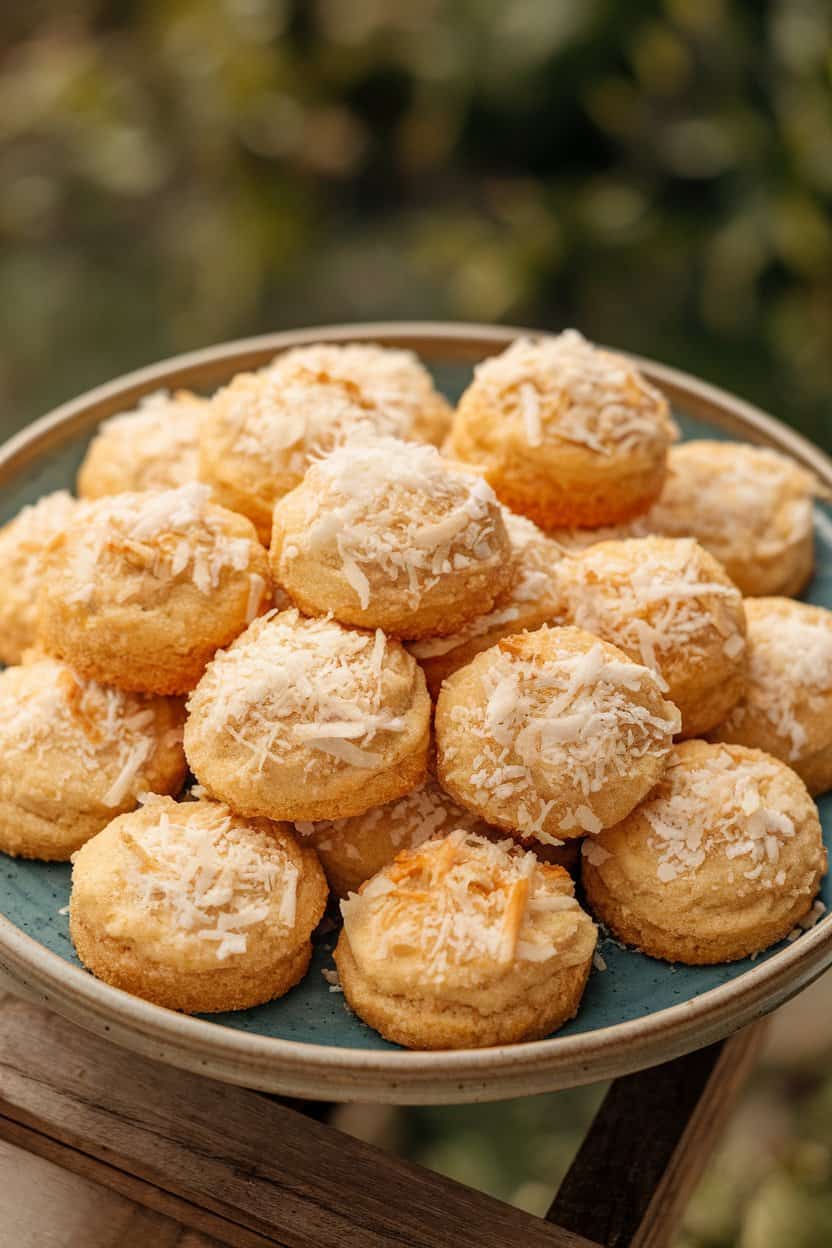 Indoor shot of coconut sugar cookies topped with lightly toasted shredded coconut, arranged on a ceramic plate. No text or logos visible.