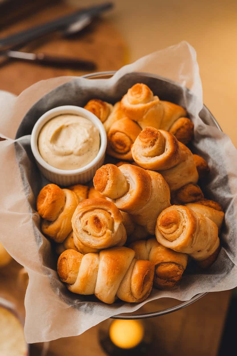 A close-up indoor shot of a parchment-lined tray filled with golden crescent-roll pigs in a blanket, a small ramekin of creamy Dijon dip beside them. Warm overhead lighting, no logos. Photo only.