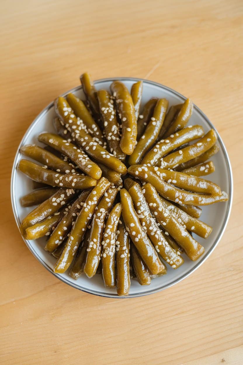Indoor scene with a small platter of glossy green beans coated in miso glaze, sprinkled with sesame seeds; overhead light, no text or logos