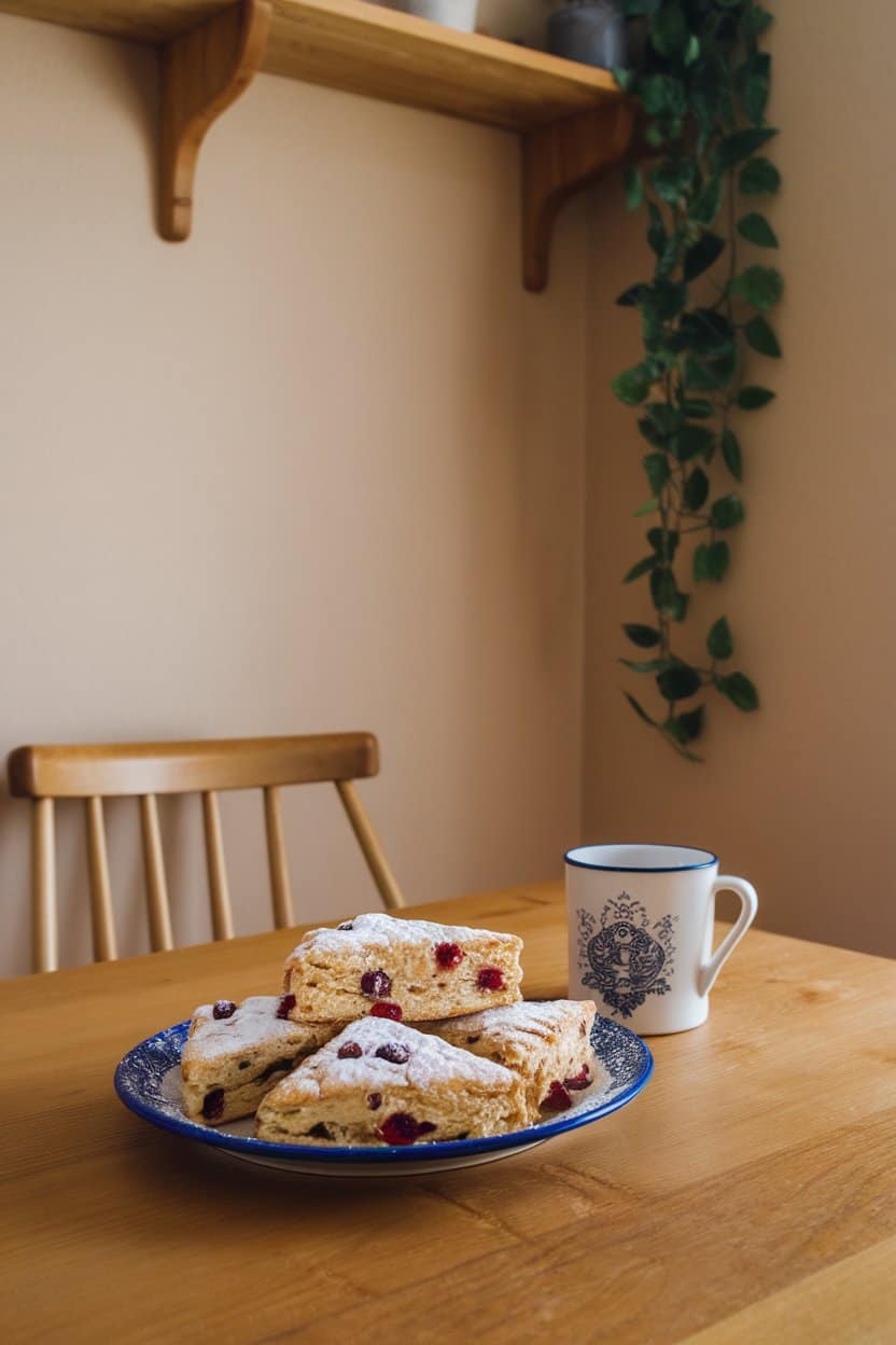 A cozy indoor breakfast nook with flaky triangular scones dotted with cranberries and lightly dusted with powdered sugar on a ceramic plate. No text or logos, photo only.