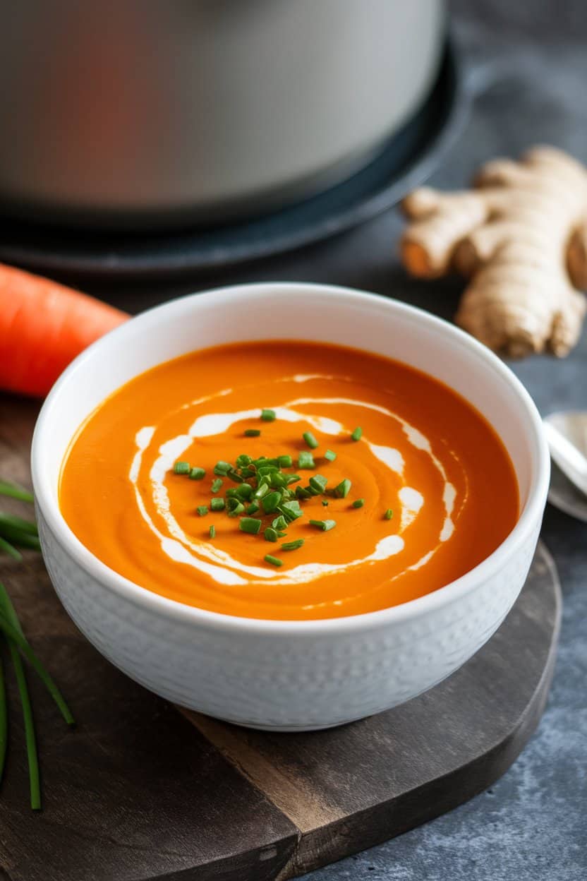Indoor photo of bright orange carrot ginger soup in a white bowl with a swirl of coconut milk and chopped chives, no text or logos