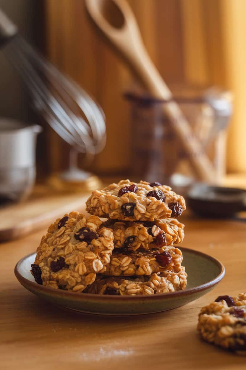 Photo prompt: A ceramic plate on an indoor table holding a stack of oatmeal raisin cookies, visible oats and plump raisins, shot in warm kitchen lighting, no text or logos.