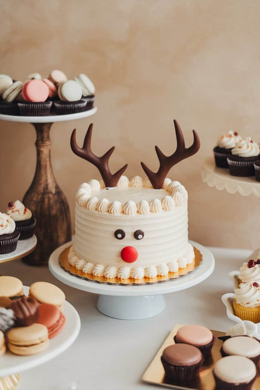 Indoor dessert display showing a buttercream cake topped with two chocolate antlers and a red candy “nose” at the front edge, no text or logos.