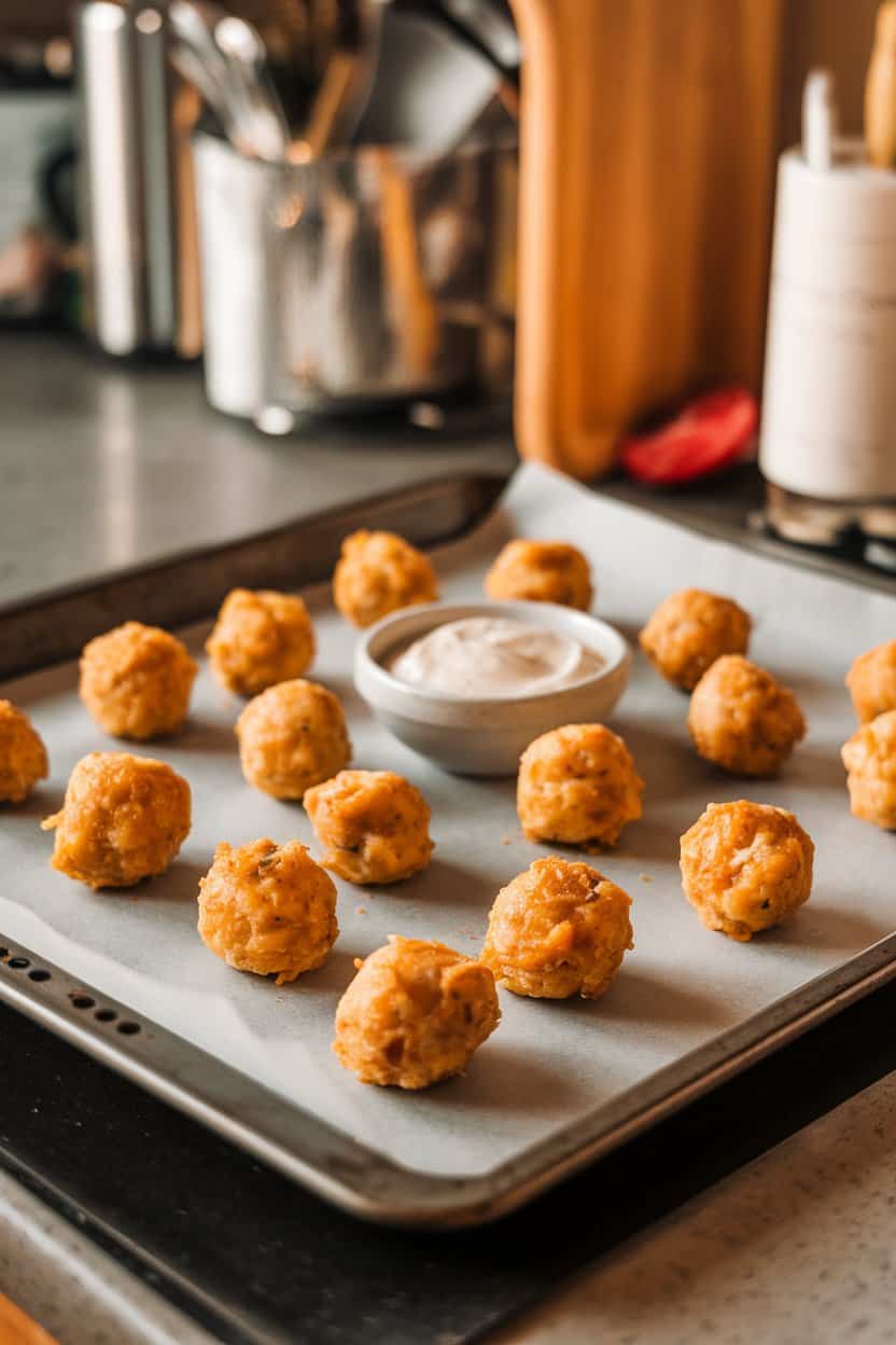 A baking sheet on an indoor countertop covered with golden sausage-cheddar balls, a small bowl of ranch dip nearby. Warm kitchen lighting, no branding. Photo only.