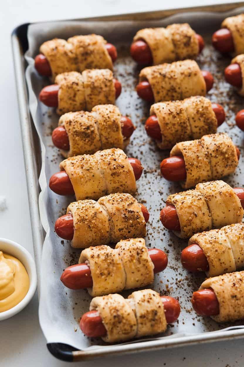 An indoor baking sheet covered with mini crescent-wrapped cocktail franks sprinkled generously with everything bagel seasoning, served with mustard. No logos, photo.