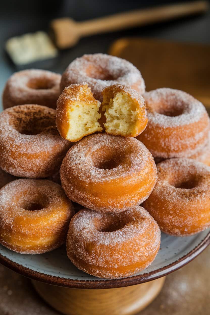 Indoor photo of a ceramic plate piled with sugar-coated apple cider donuts, one donut broken open to show the tender crumb, soft overhead light, no text or logos