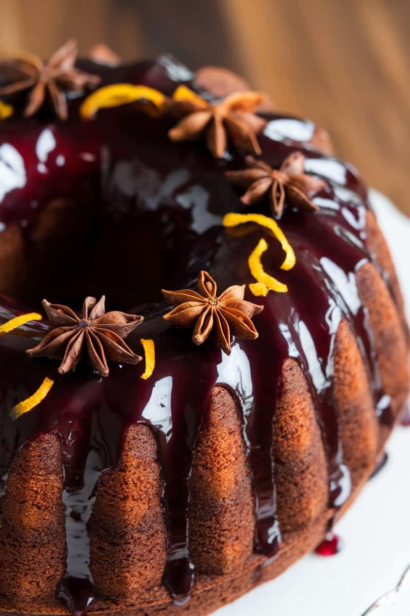 Indoor close-up of a Bundt cake coated with glossy burgundy mulled wine glaze, garnished with star anise and orange zest, no text or logos.