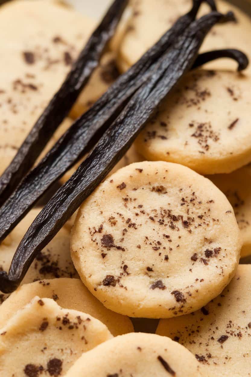 Close-up indoor photo of split vanilla beans resting beside pale sugar cookie rounds speckled with black vanilla flecks. No logos present.