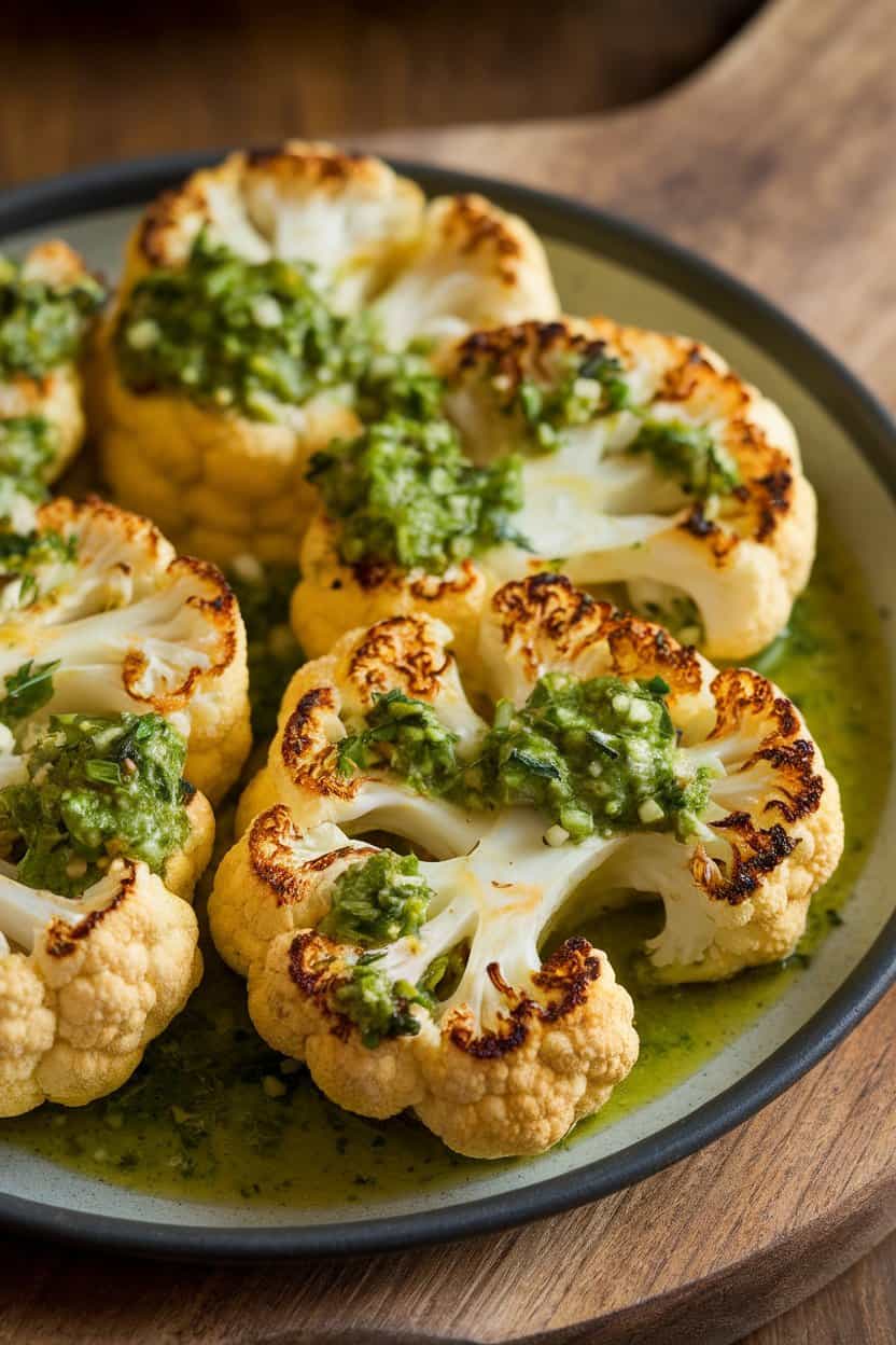 Indoor photo of roasted cauliflower steaks on a platter topped with bright green chimichurri sauce, no text or logos