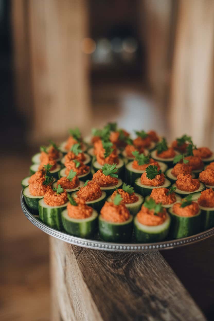 Indoor appetizer tray of mini cucumber cups filled with red pepper hummus, tiny parsley leaves on top. Soft lighting, no logos. Photo, not illustration.