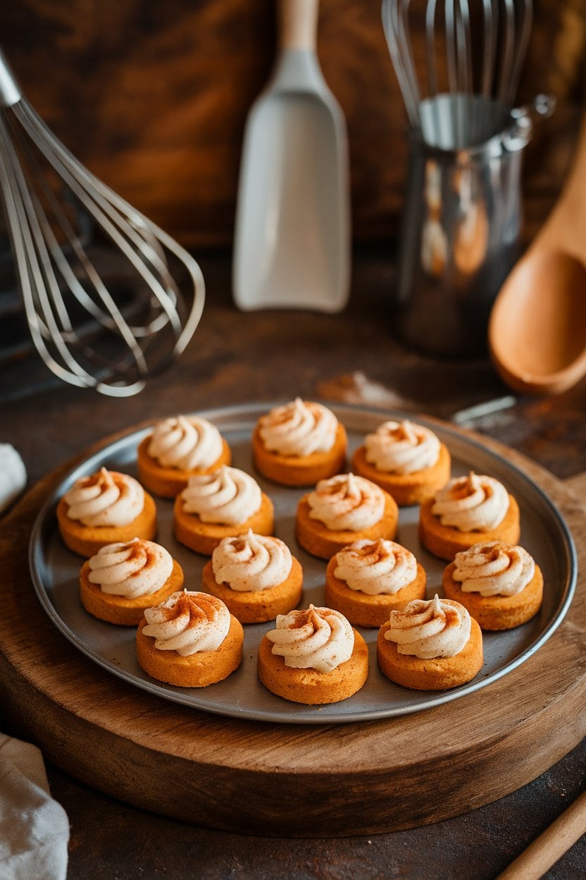 Photo of an indoor cookie tray with small round cookies each holding a creamy pumpkin cheesecake center, topped with a sprinkle of cinnamon—no text or logos.