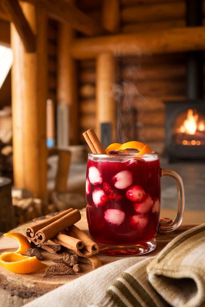 An indoor lodge setting showing a steaming mug of cranberry mulled wine with cinnamon sticks and orange peel floating on top. No text or logos, photo only.