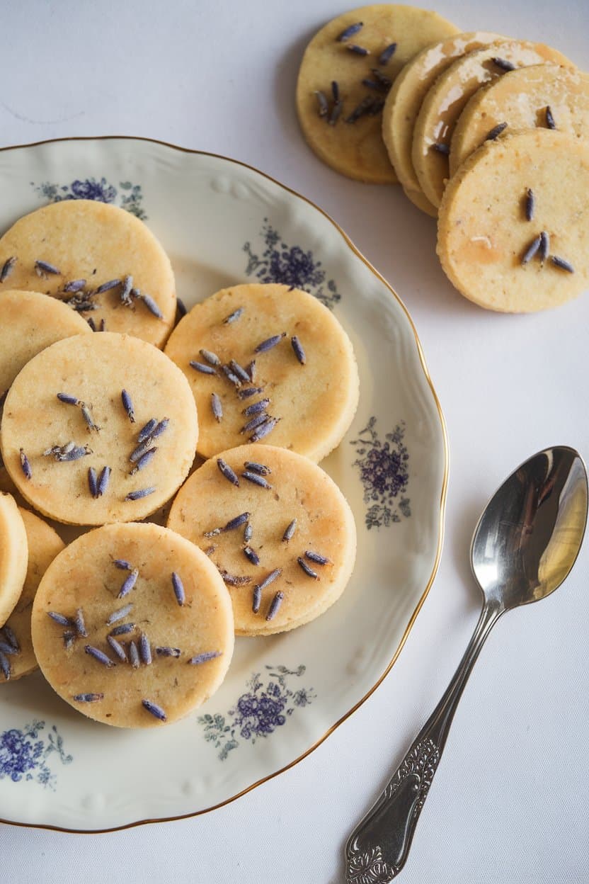 An indoor tea-table scene with round shortbread cookies flecked with lavender buds, lightly glazed with honey, arranged on a china plate. No text or logos. Photo.