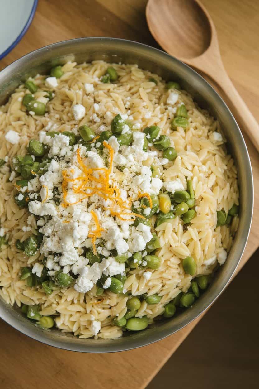 Indoor table scene featuring a large bowl of orzo pasta mixed with chopped green beans, feta crumbles, and lemon zest; overhead light, no text or logos