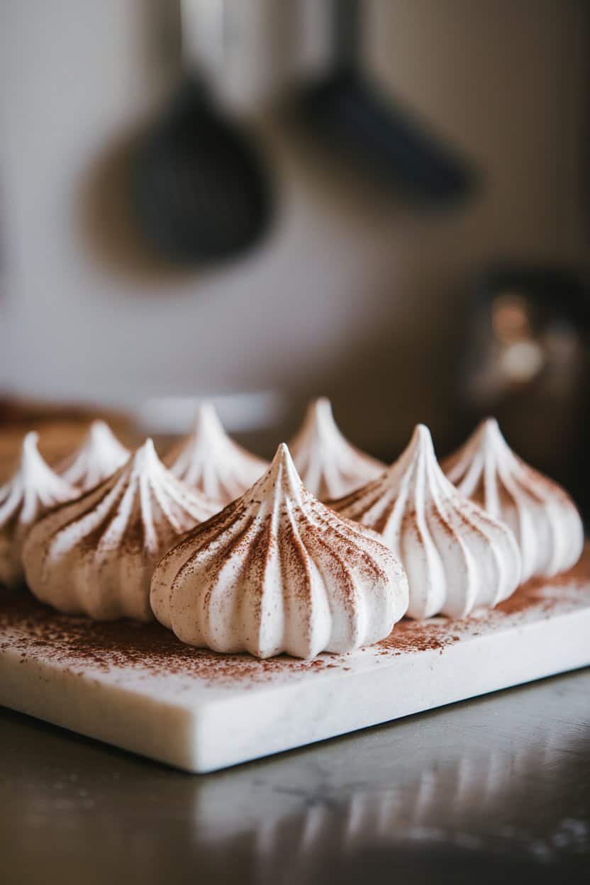A softly lit indoor surface with crisp mocha meringue kisses swirling upward, lightly dusted with cocoa, arranged on a marble slab. No text or logos. Photo.