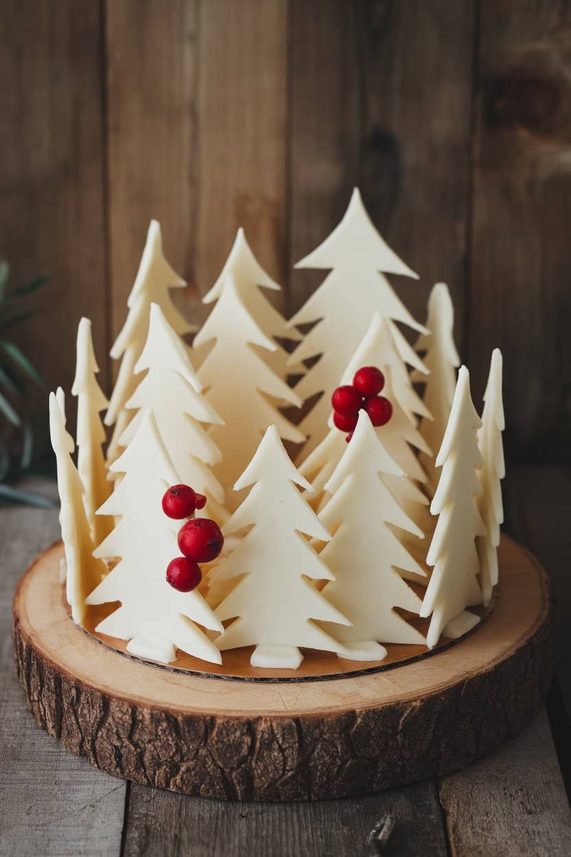 Indoor shot of a cake crowned with jagged white chocolate shards arranged like snowy evergreen trees, no text or logos.