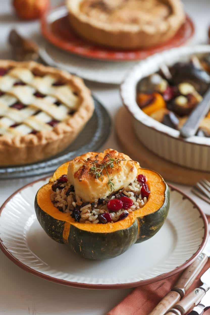 An indoor autumn table setting showcasing halved acorn squash filled with wild rice, cranberries, and herbs, lightly browned on top. No text or logos, photo only.