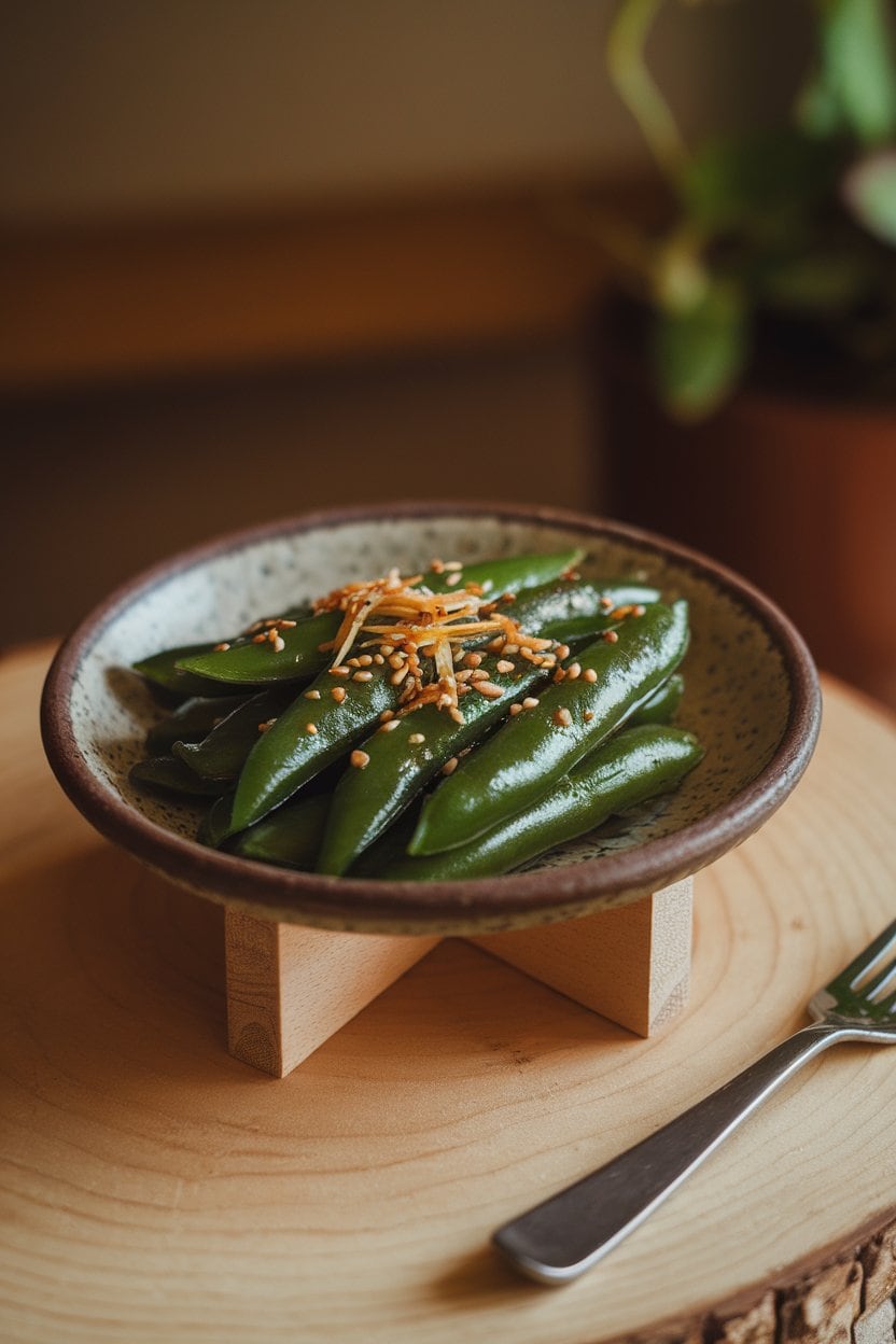Photo of a ceramic plate indoors with glossy green beans sprinkled with toasted sesame seeds and thin ginger strands; warm ambient lighting, no text or logos