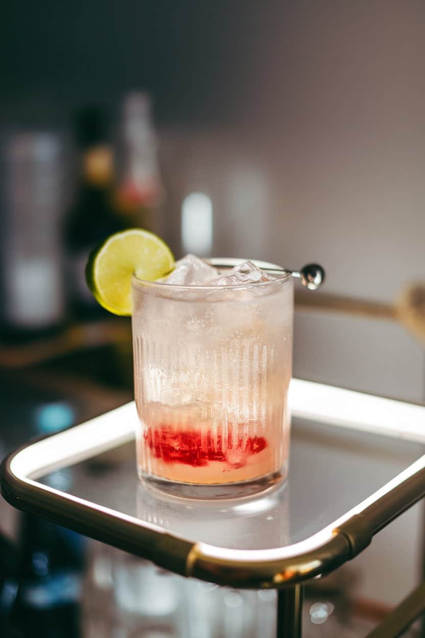 Collins glass indoors filled with sparkling ginger beer, crushed ice, and a quick dash of cranberry bitters, lime wedge on rim; bright bar cart light, no text or logos. Photo only.