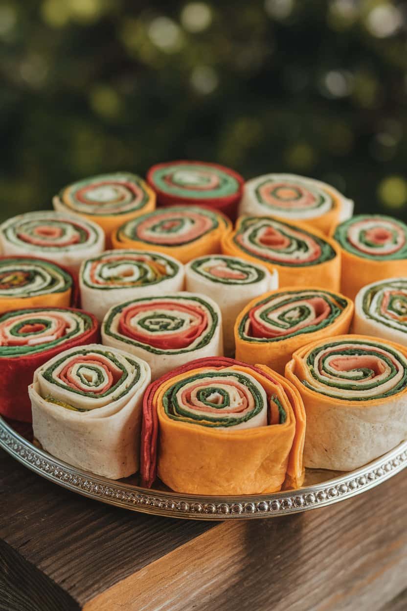 Indoor platter of colorful tortilla pinwheels showing turkey, cheddar, and spinach spirals, cut evenly. Bright but soft lighting, no visible branding. Photo, not illustration.