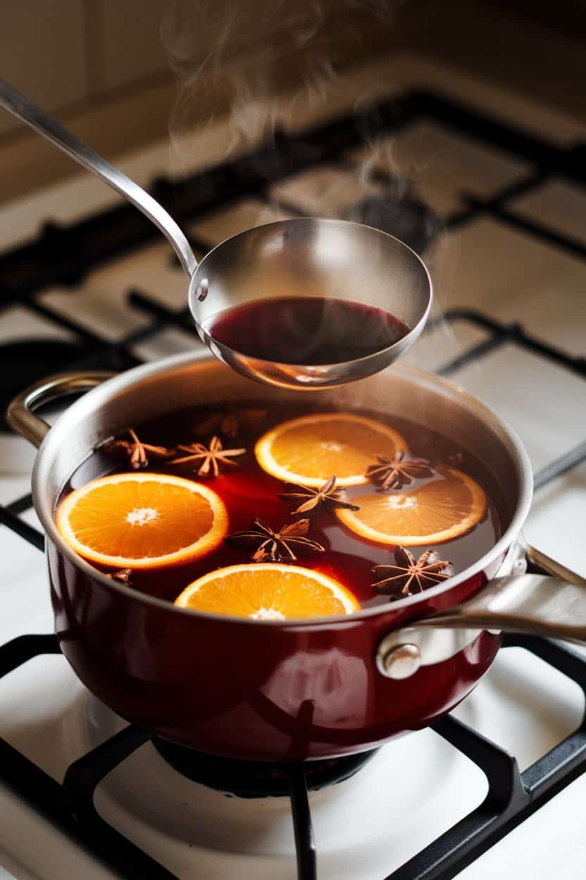 An indoor stovetop scene showing a ladle hovering above a saucepan of steaming mulled red wine with floating orange slices and whole spices; warm kitchen light, no text or logos. Photo only.