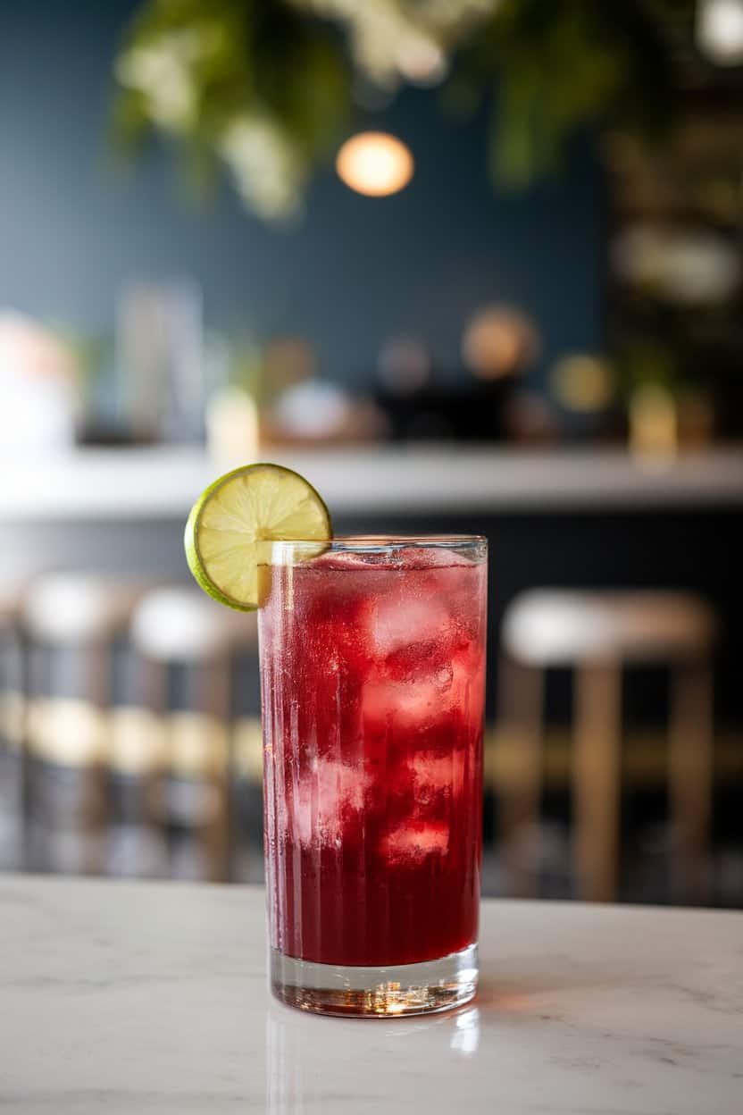Tall indoor glass of deep red spiced cranberry spritzer over ice, lime wheel garnish, gentle bubbles rising; bright but soft lighting, no text or logos. Photo only.