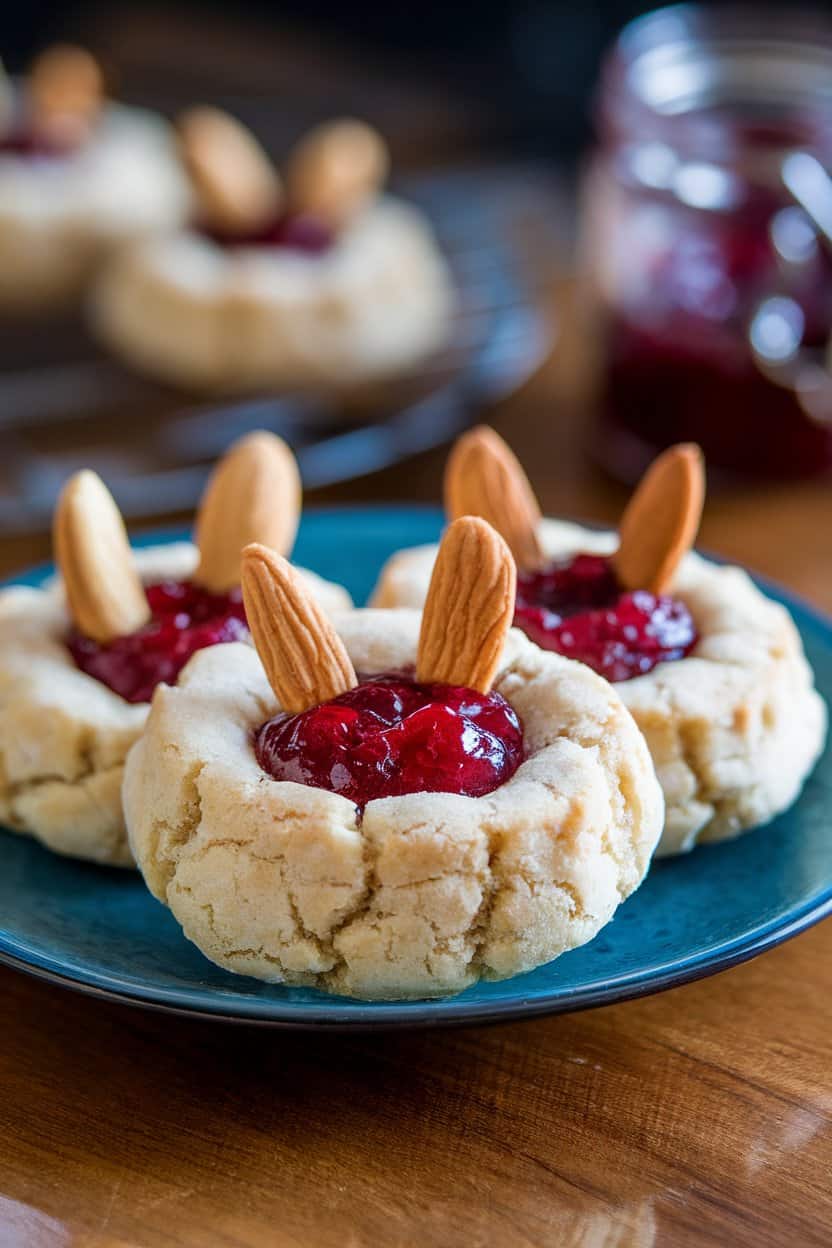 Photo of an indoor plate of light almond cookies with two slivered-almond “fangs” poking from raspberry-jam centers, glossy lighting, no text or logos.