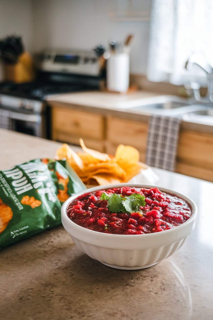 An indoor kitchen island displaying a white bowl filled with cranberry-jalapeño salsa, flecks of cilantro visible, tortilla chips alongside. No text or logos, photo only.
