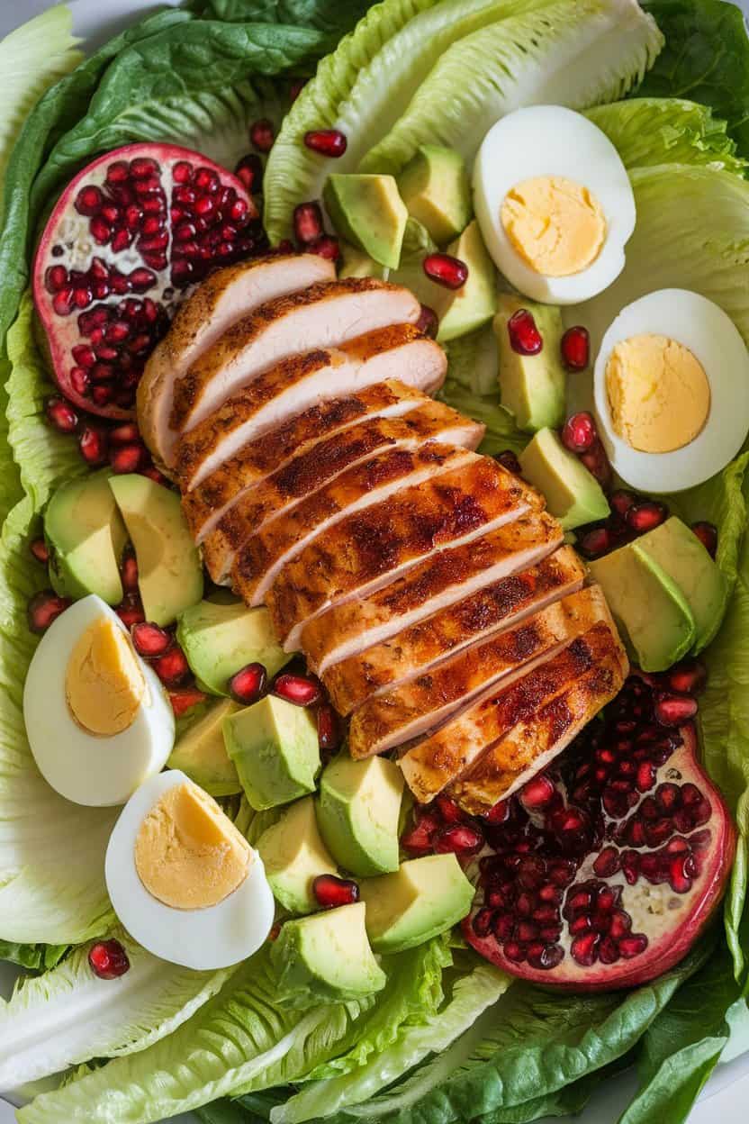 Indoor photo of a sliced grilled chicken breast, avocado cubes, pomegranate seeds, and hard-boiled egg wedges arranged Cobb-style over romaine. No text or logos.