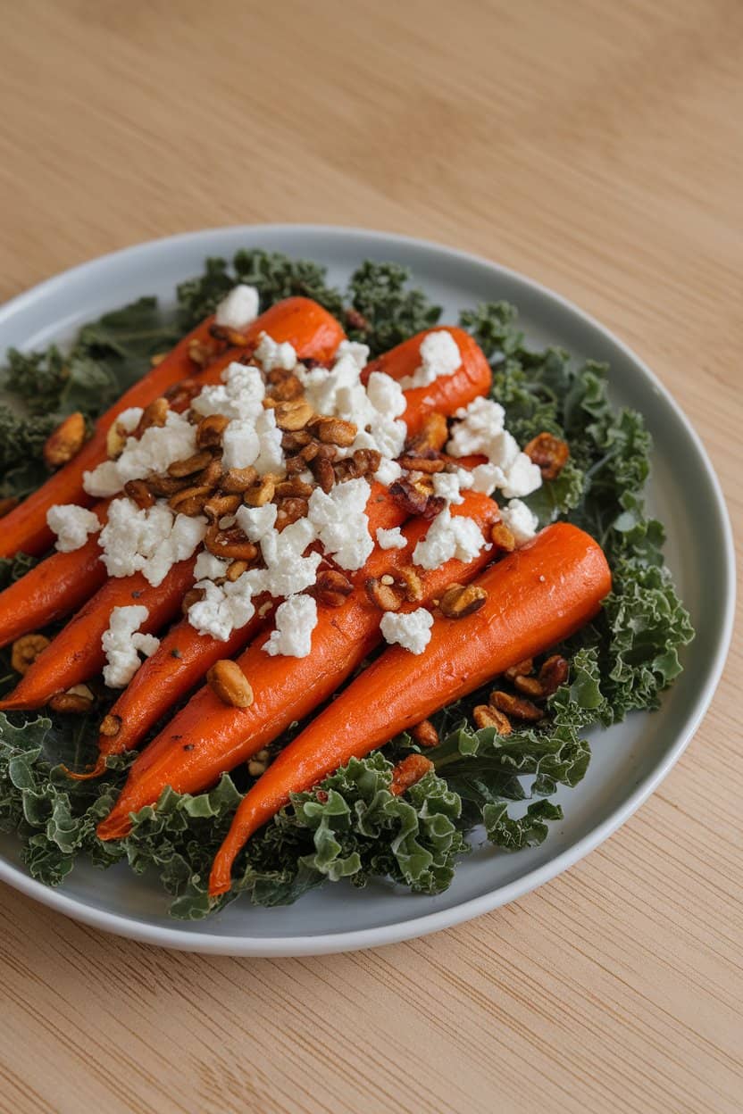 Indoor photo of roasted maple-glazed carrots on baby kale with feta crumbles and pepitas, no text or logos