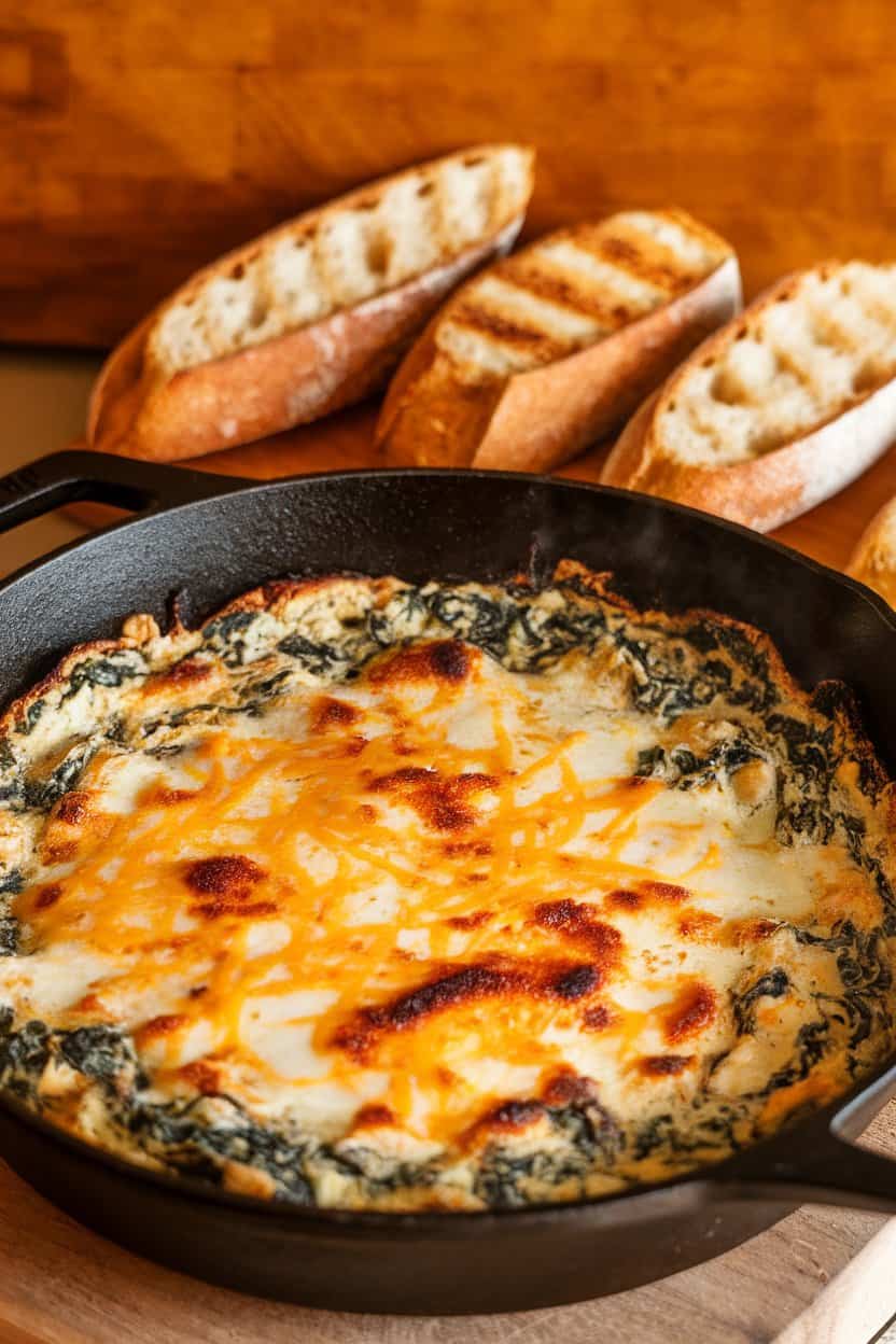 Indoor photo of a cast-iron skillet filled with bubbling spinach-artichoke dip, cheese sizzling on top, next to toasted baguette slices; no text or logos.